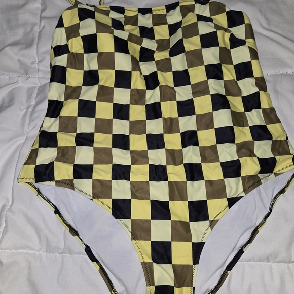 SHEIN Other - SHEIN Yellow and Khaki Green Checkered One Piece Swimsuit
